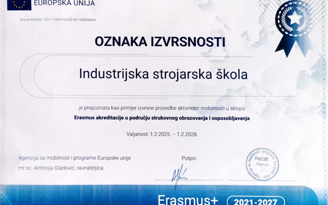 Oznaka izvrsnosti za Erasmus+ program Industrijske strojarske škole